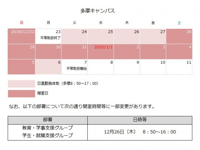 2019冬季休業中多摩キャンパスカレンダー