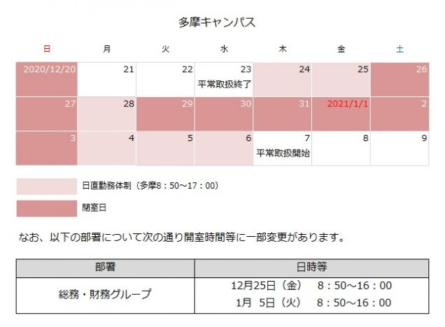 2020冬季休業中多摩キャンパスカレンダー